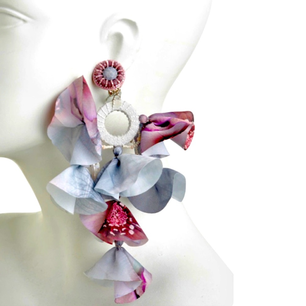 New Ranjana Khan Silk Pearl Earrings in Pink & Blue